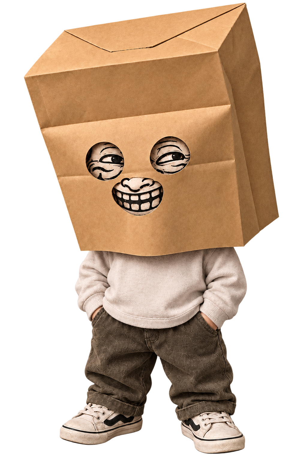 A mischievous character wearing a paper bag troll face